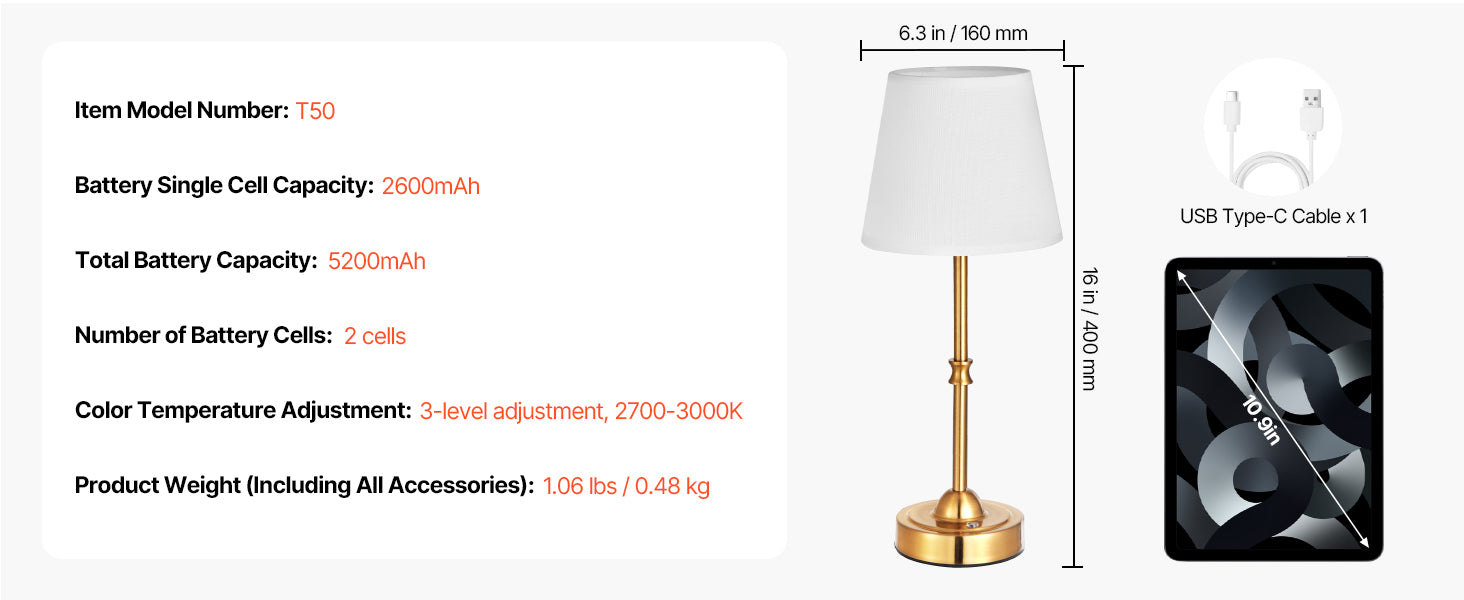 Cordless Table Lamp with Rechargeable Battery & Touch Dimming