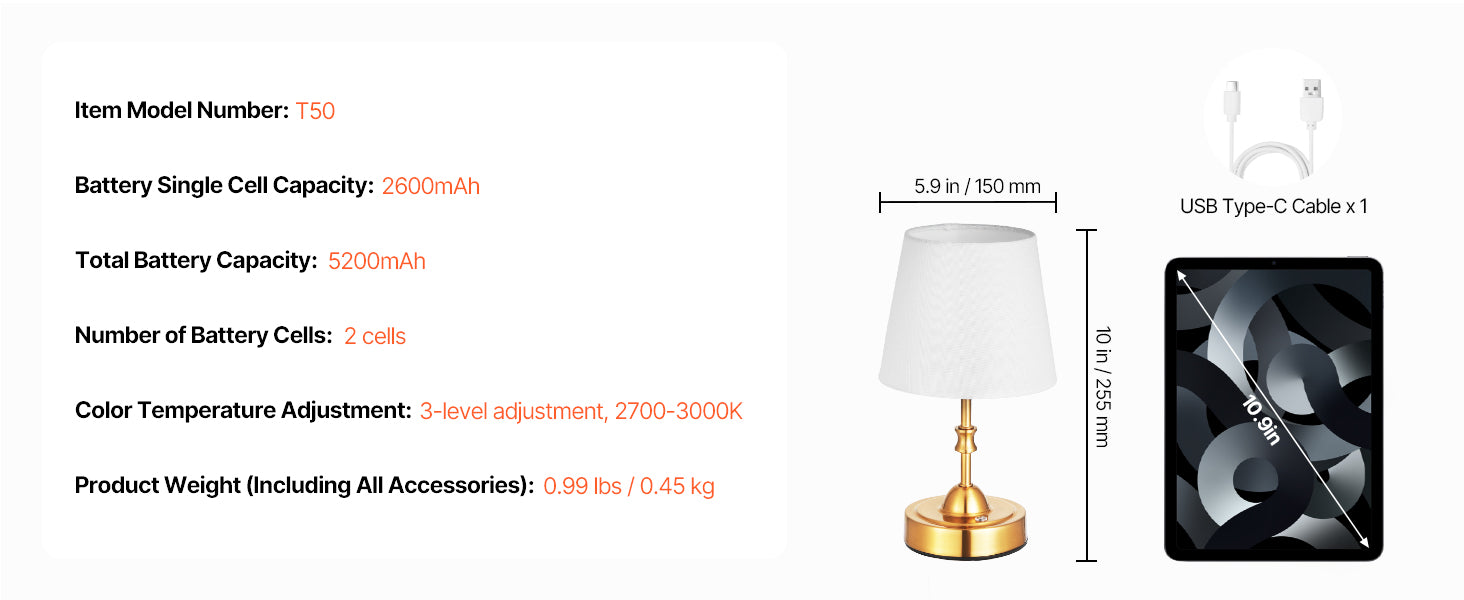 Cordless Table Lamp with Rechargeable Battery & Touch Dimming