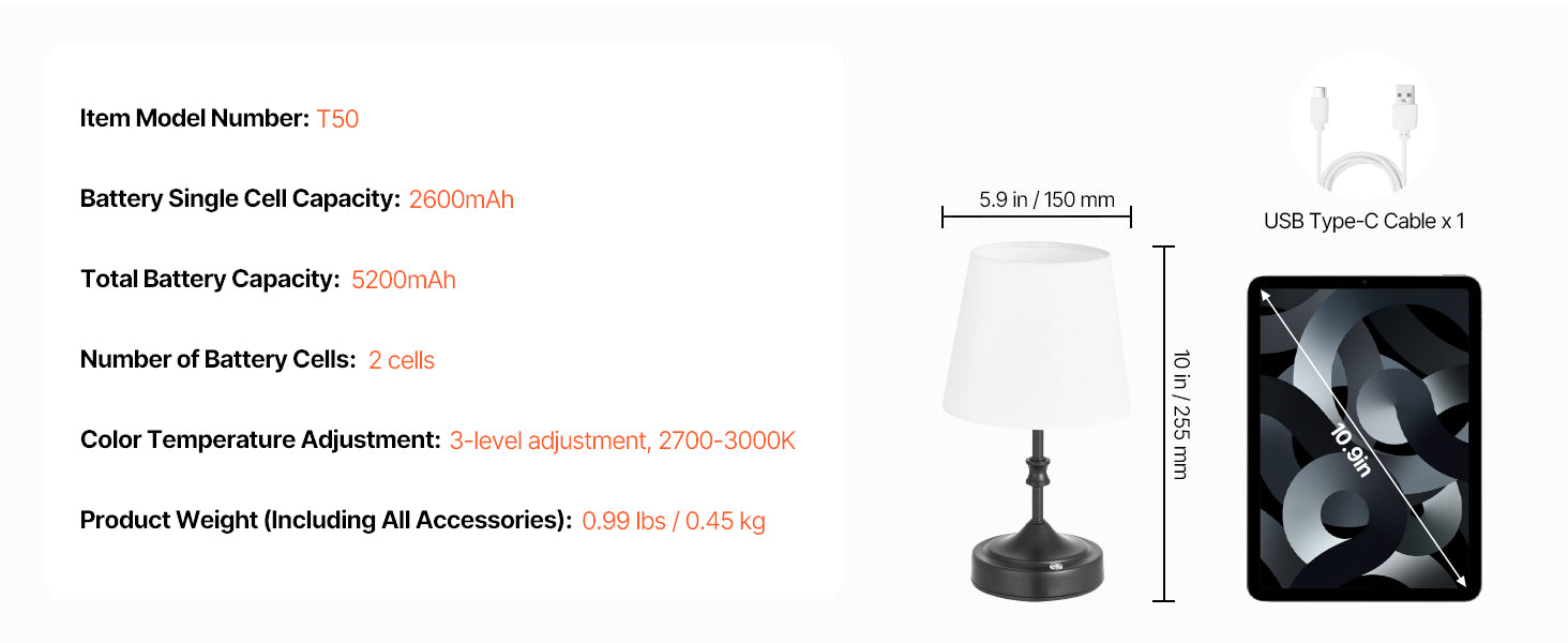 Cordless Table Lamp with Rechargeable Battery & Touch Dimming