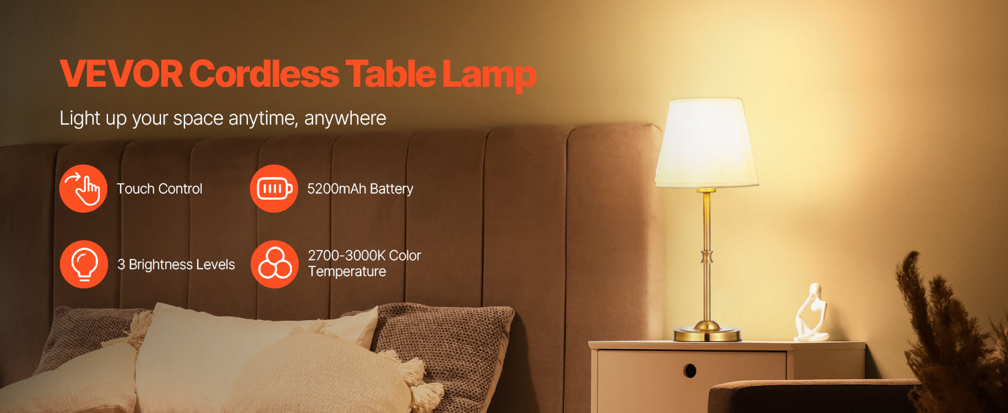Cordless Table Lamp with Rechargeable Battery & Touch Dimming