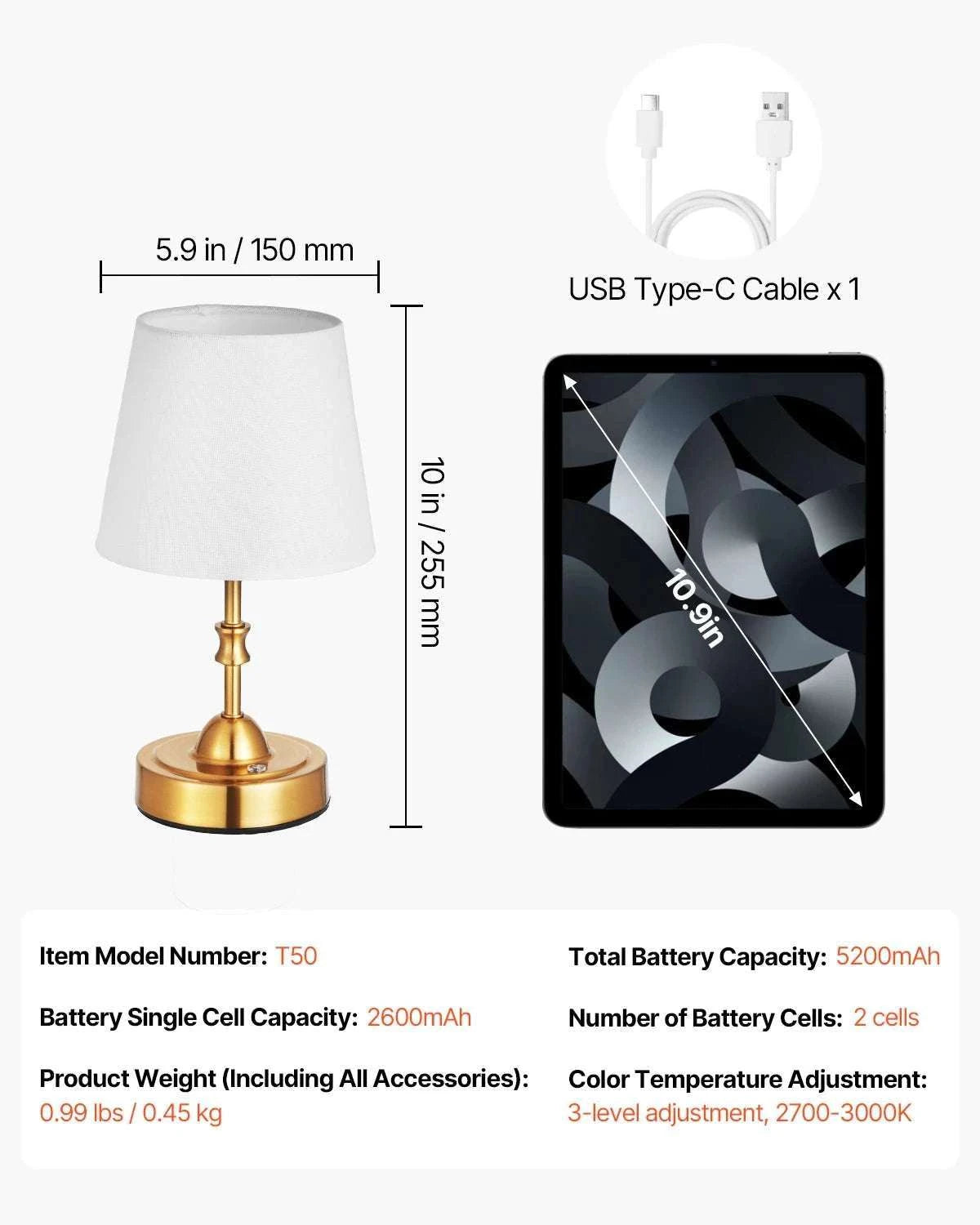 Cordless Table Lamp with Rechargeable Battery & Touch Dimming-1 Black 6.3in / United States