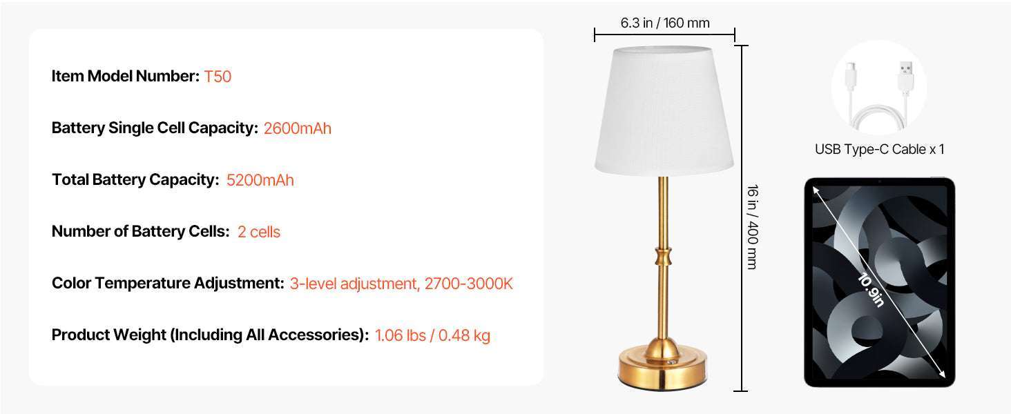 Cordless Table Lamp with Rechargeable Battery & Touch Dimming-1 Black 6.3in / United States