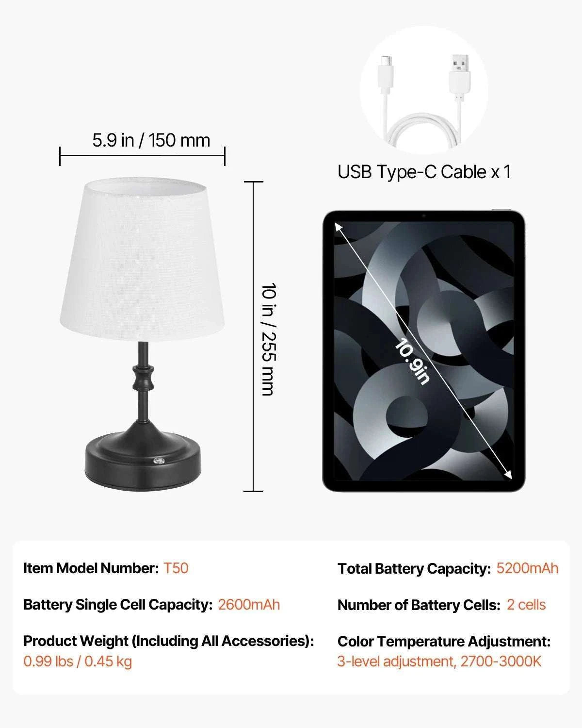 Cordless Table Lamp with Rechargeable Battery & Touch Dimming-1 Black 6.3in / United States