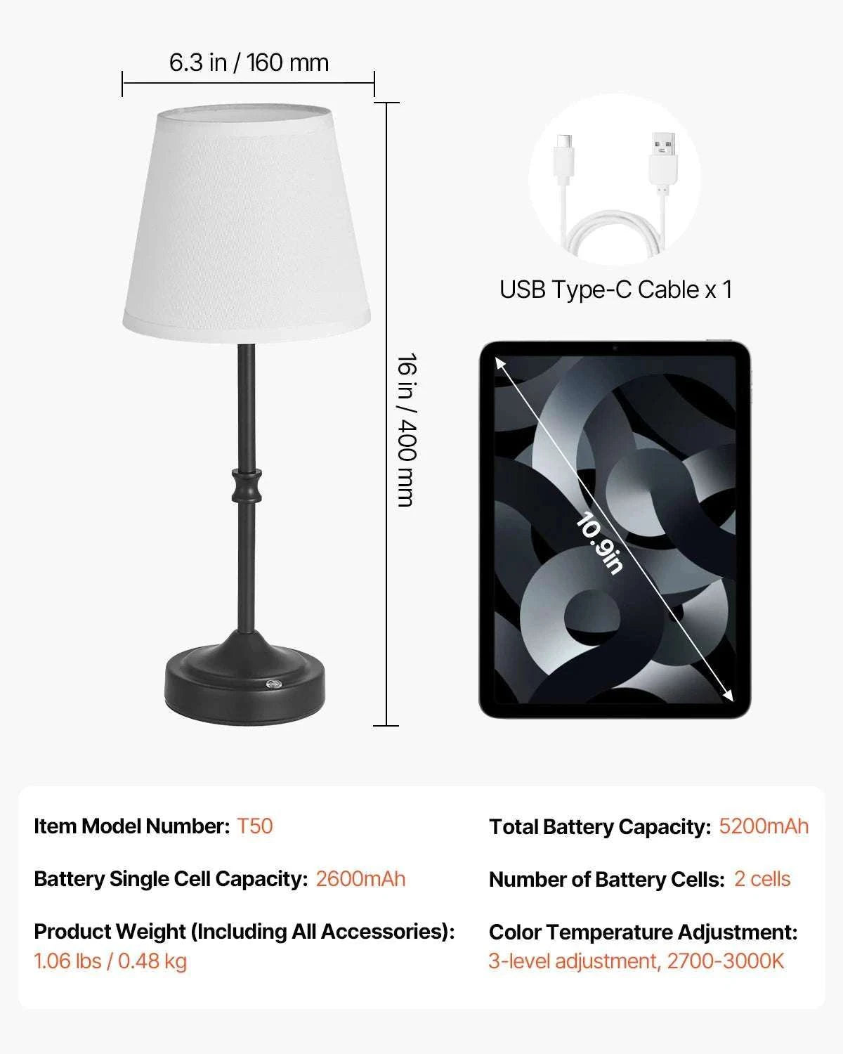 Cordless Table Lamp with Rechargeable Battery & Touch Dimming-1 Black 6.3in / United States