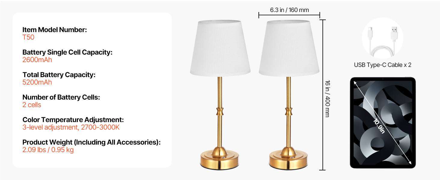 Cordless Table Lamp with Rechargeable Battery & Touch Dimming-1 Black 6.3in / United States