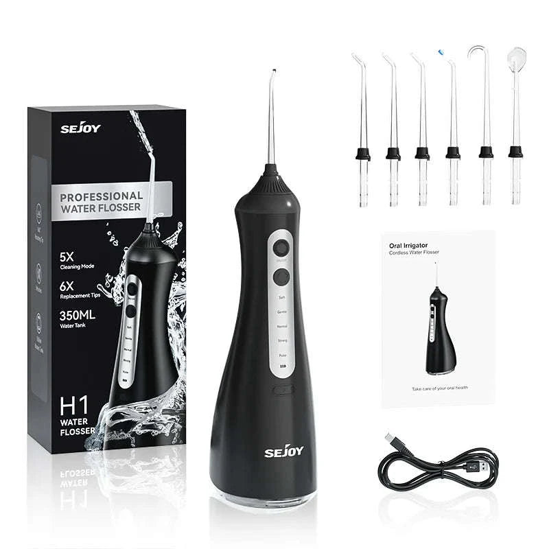 Cordless Water Flosser with 6 Nozzles & 5 Modes, 350ml Tank-black / United States