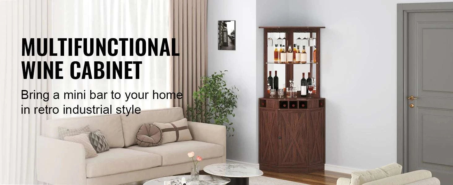 Corner Bar Cabinet with Glass Holder & 40+ Bottle Wine Storage-United States