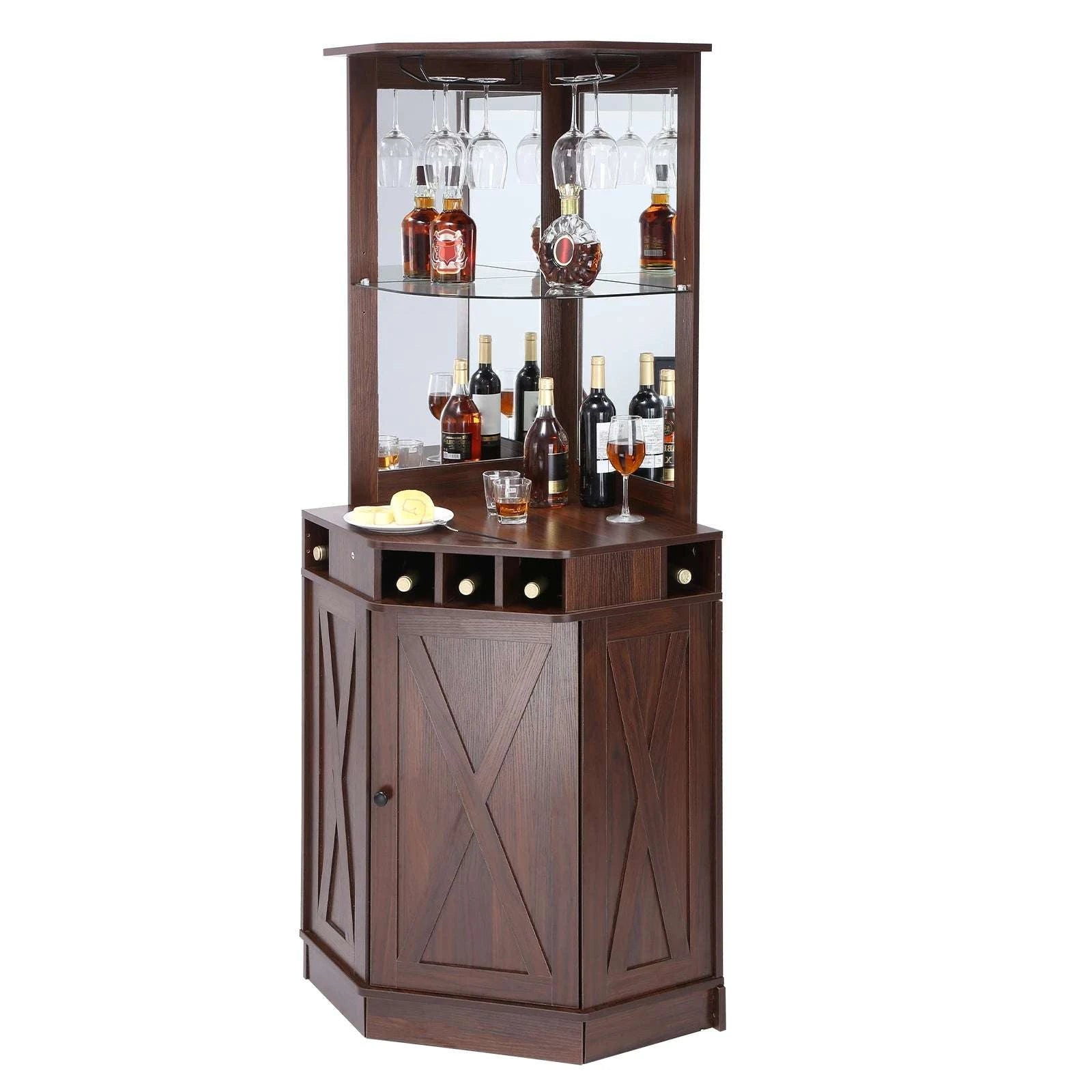 Corner Bar Cabinet with Glass Holder & 40+ Bottle Wine Storage-United States