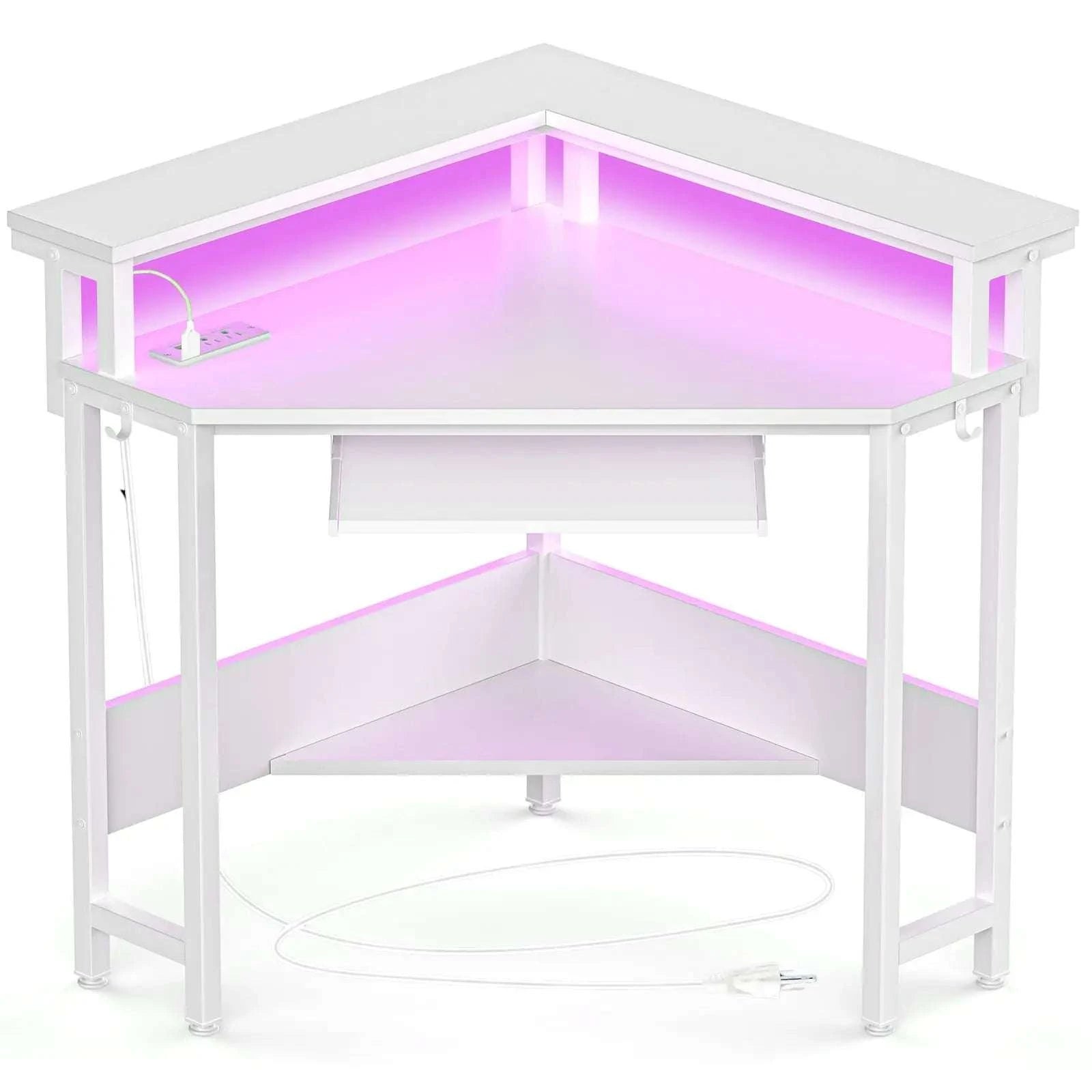 Corner Desk with LED Lights & Power Outlets for Small Spaces-Carbon Black / United States