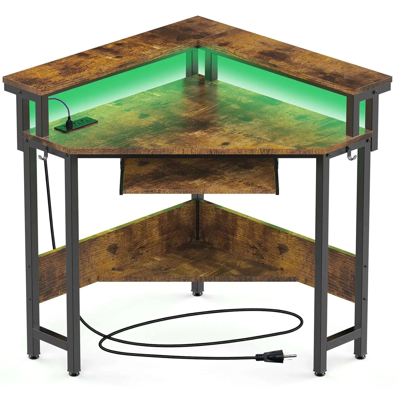 Corner Desk with LED Lights & Power Outlets for Small Spaces-Carbon Black / United States