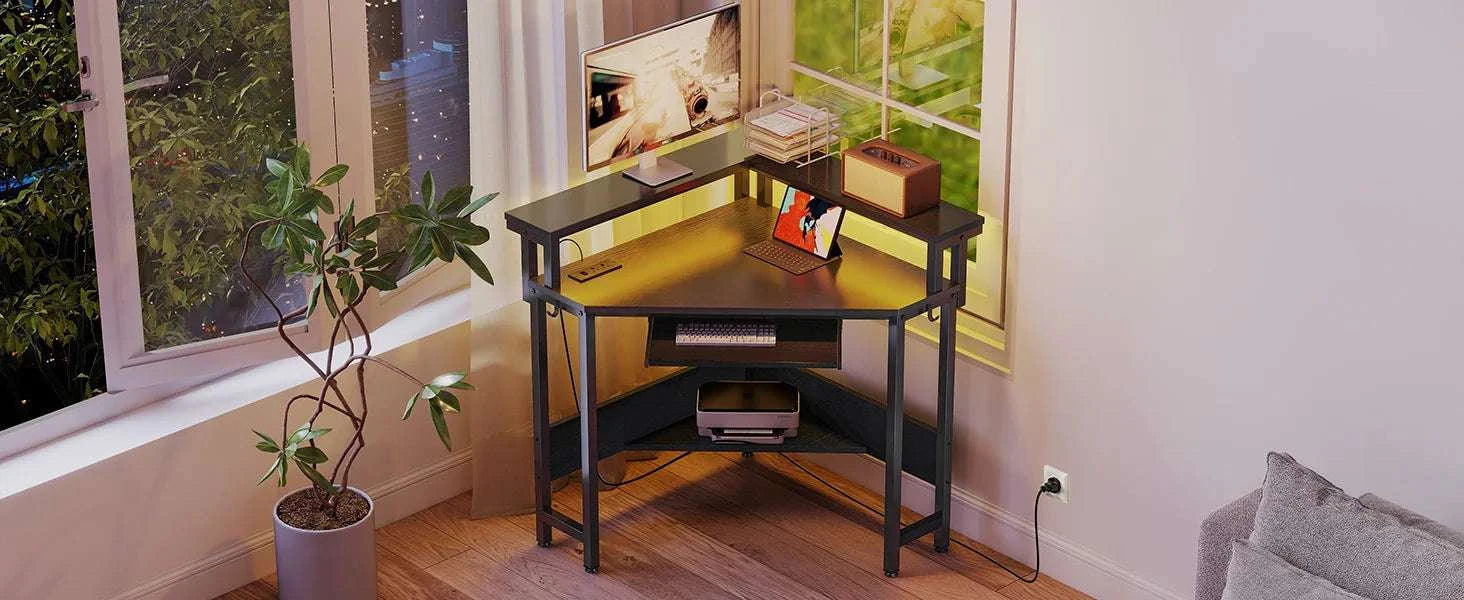 Corner Desk with LED Lights & Power Outlets for Small Spaces-Carbon Black / United States