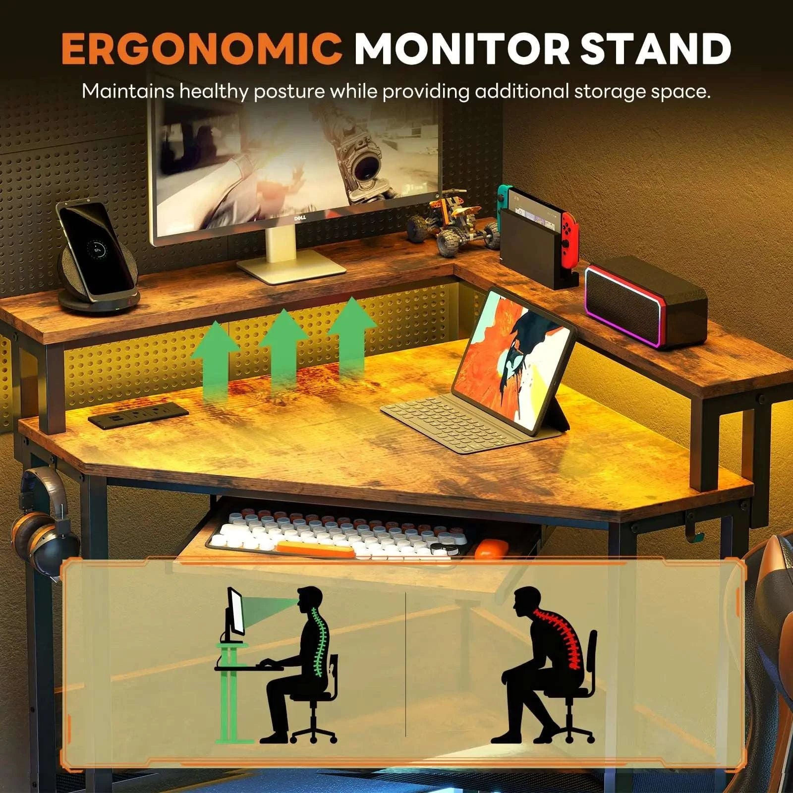 Corner Desk with LED Lights & Power Outlets for Small Spaces-Carbon Black / United States