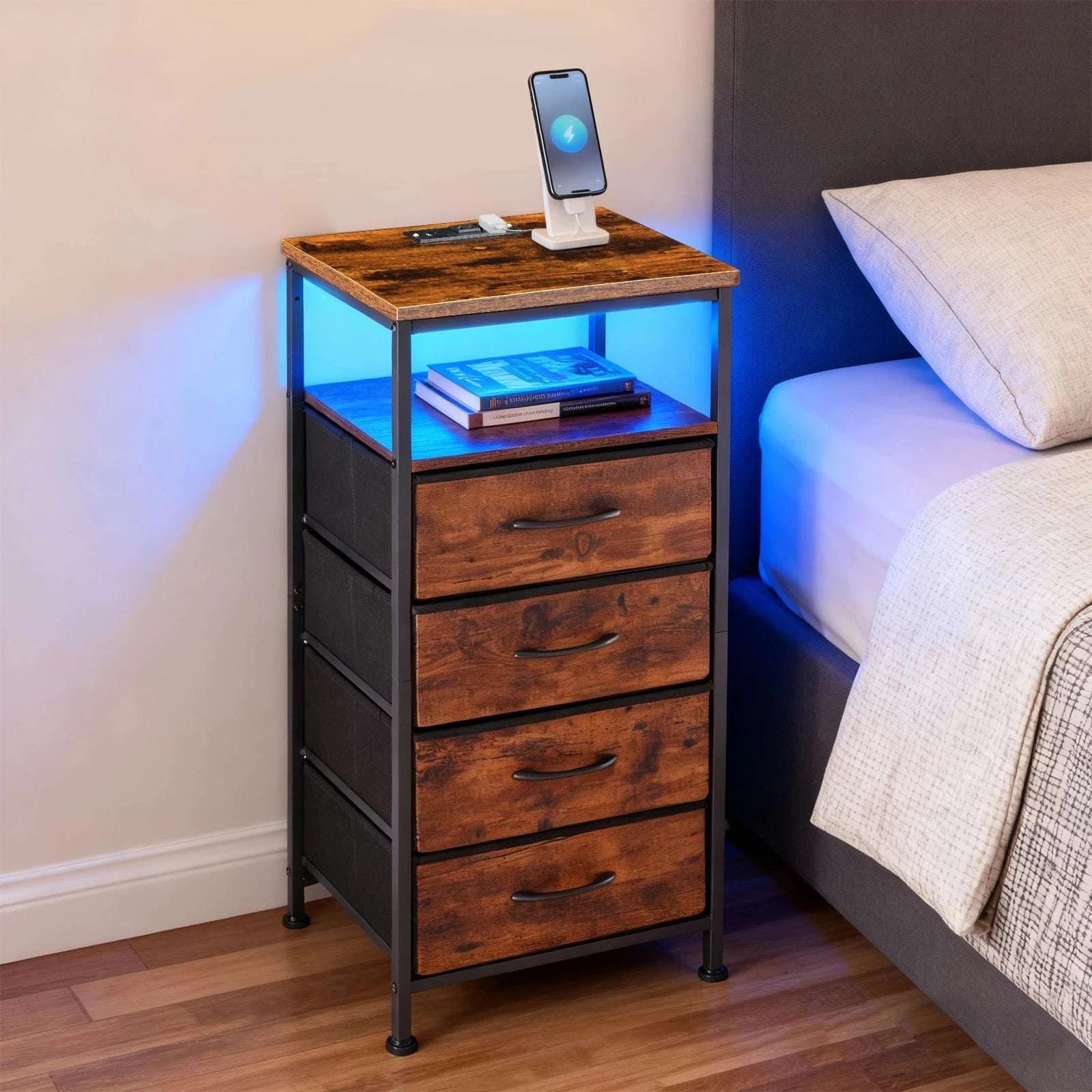 Corner Table Cabinet with Drawers, USB Ports, Outlets & LED Light-Rust / United States
