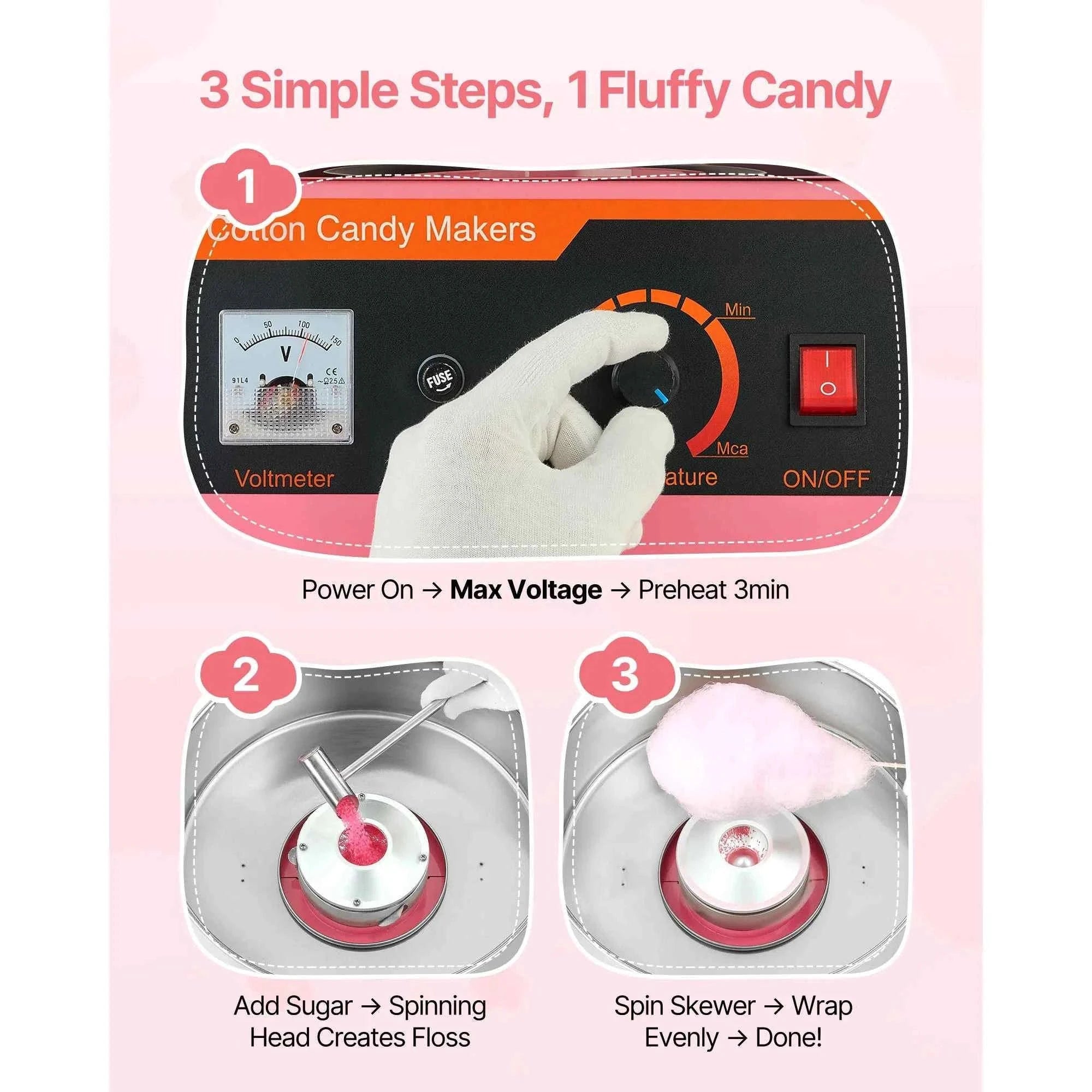 Cotton Candy Machine 1000W Electric Candy Floss Maker with 15 Inch Stainless Steel Bowl-Pink / Germany