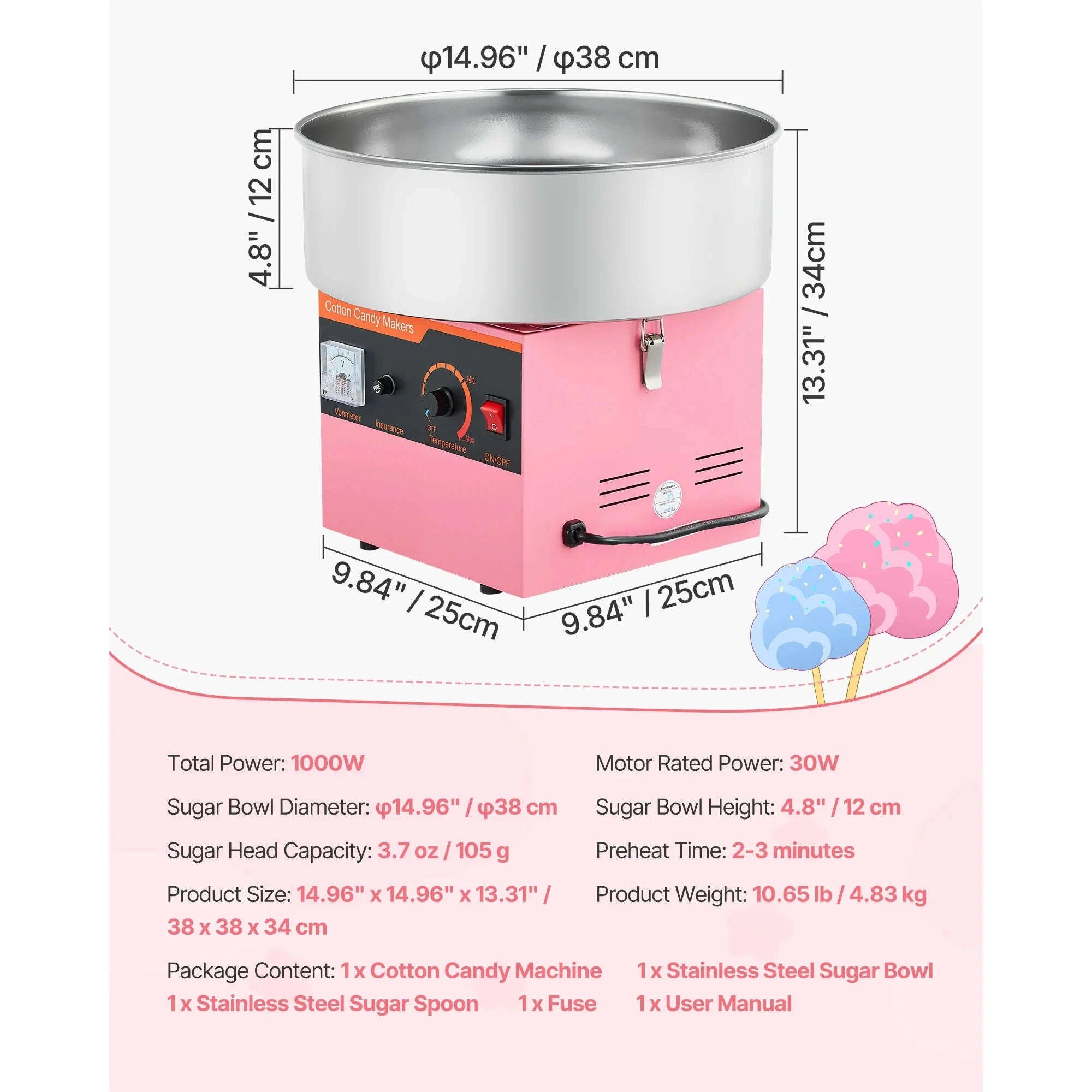 Cotton Candy Machine 1000W Electric Candy Floss Maker with 15 Inch Stainless Steel Bowl-Pink / Germany