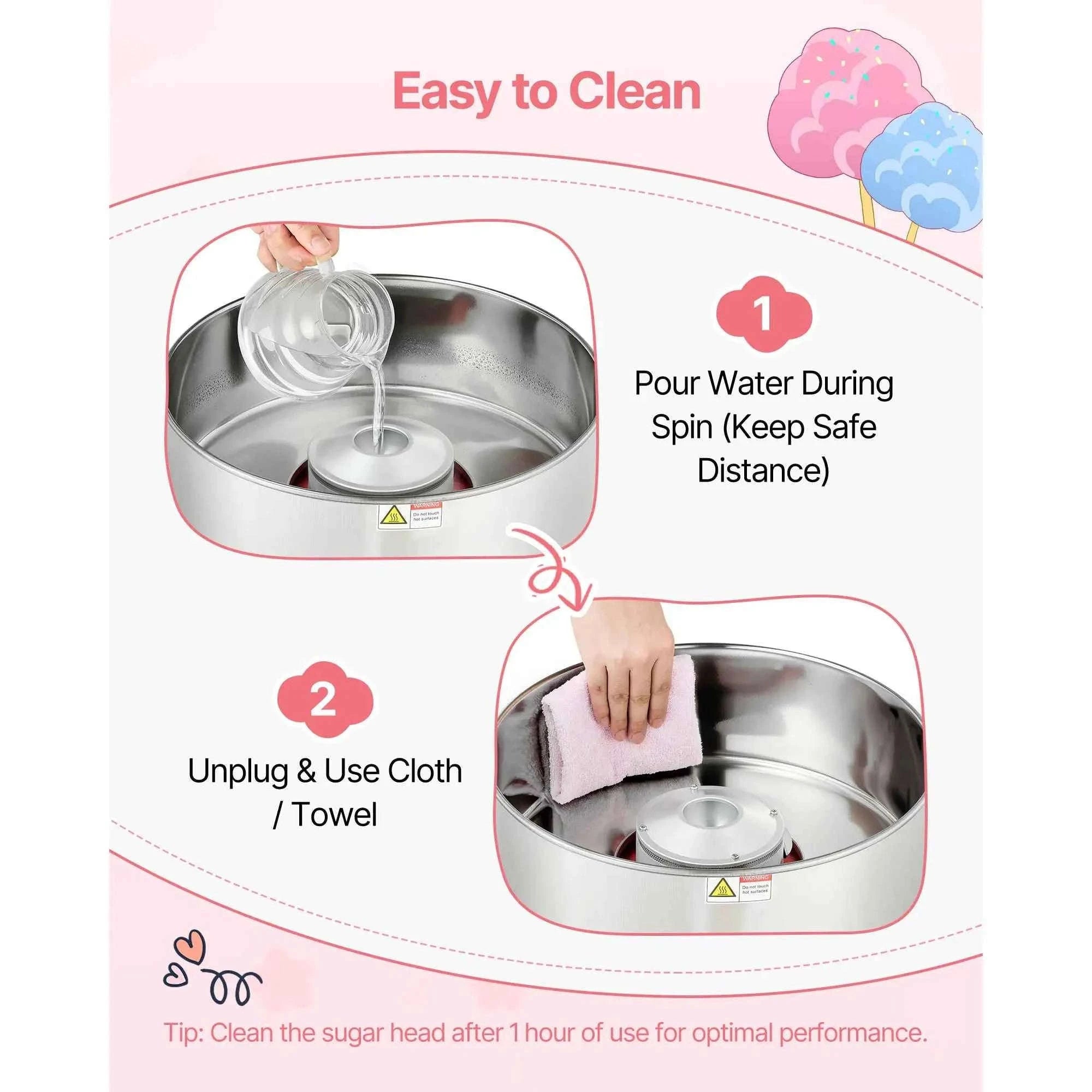 Cotton Candy Machine 1000W Electric Candy Floss Maker with 15 Inch Stainless Steel Bowl-Pink / Germany