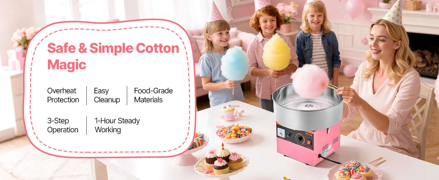 Cotton Candy Machine 1000W Electric Candy Floss Maker with 15 Inch Stainless Steel Bowl-Pink / Germany