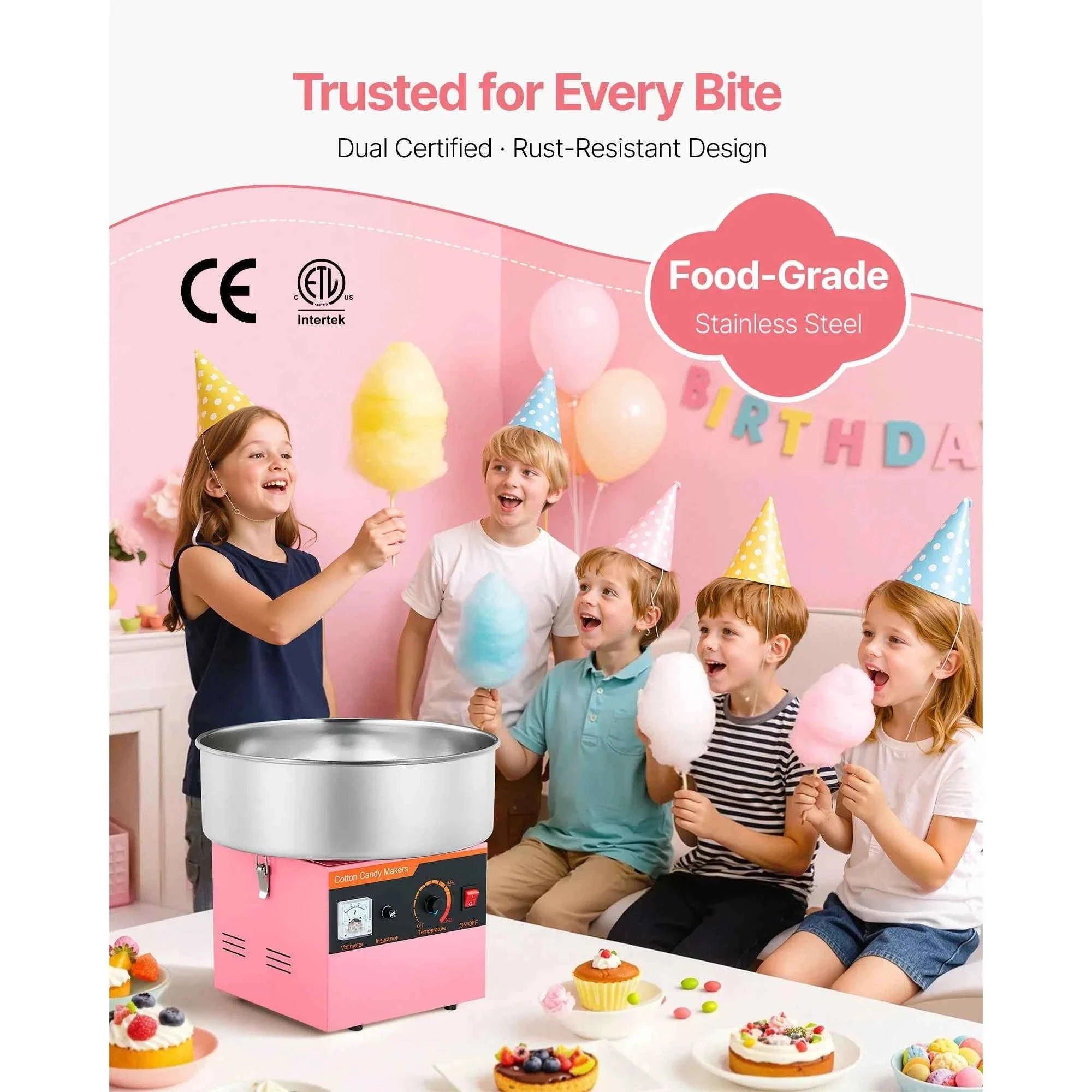 Cotton Candy Machine 1000W Electric Candy Floss Maker with 15 Inch Stainless Steel Bowl-Pink / Germany