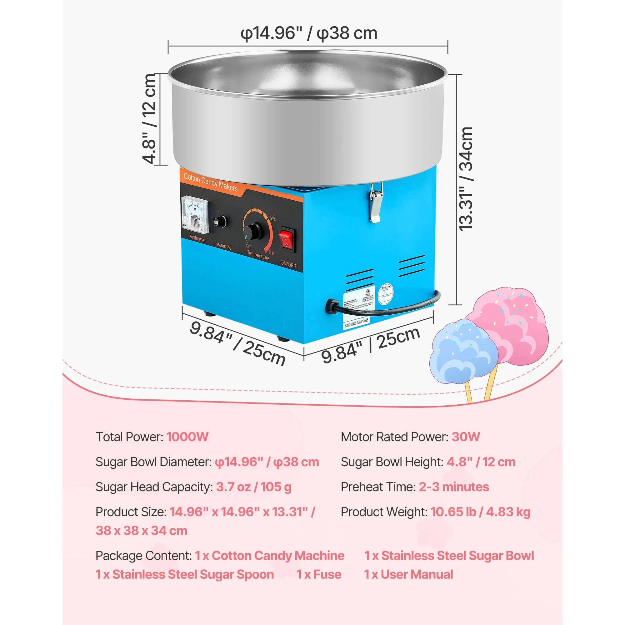 Cotton Candy Machine 1000W Electric Candy Floss Maker with 15 Inch Stainless Steel Bowl-Pink / Germany