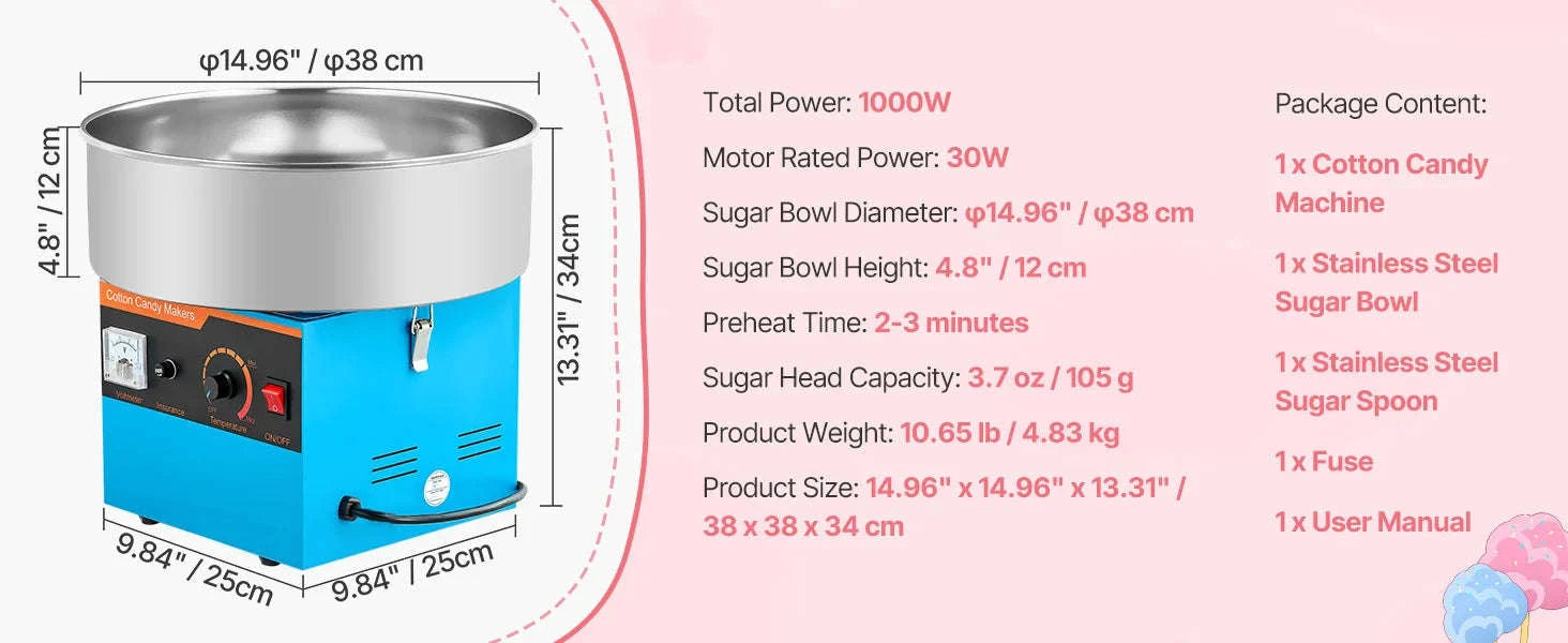 Cotton Candy Machine 1000W Electric Candy Floss Maker with 15 Inch Stainless Steel Bowl-Pink / Germany
