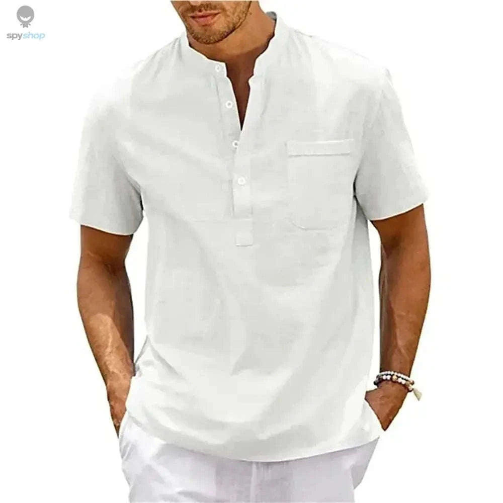 Cotton Linen Henley Shirt for Men – Breathable, Lightweight Summer Style-Khaki / US S 50-60 KG