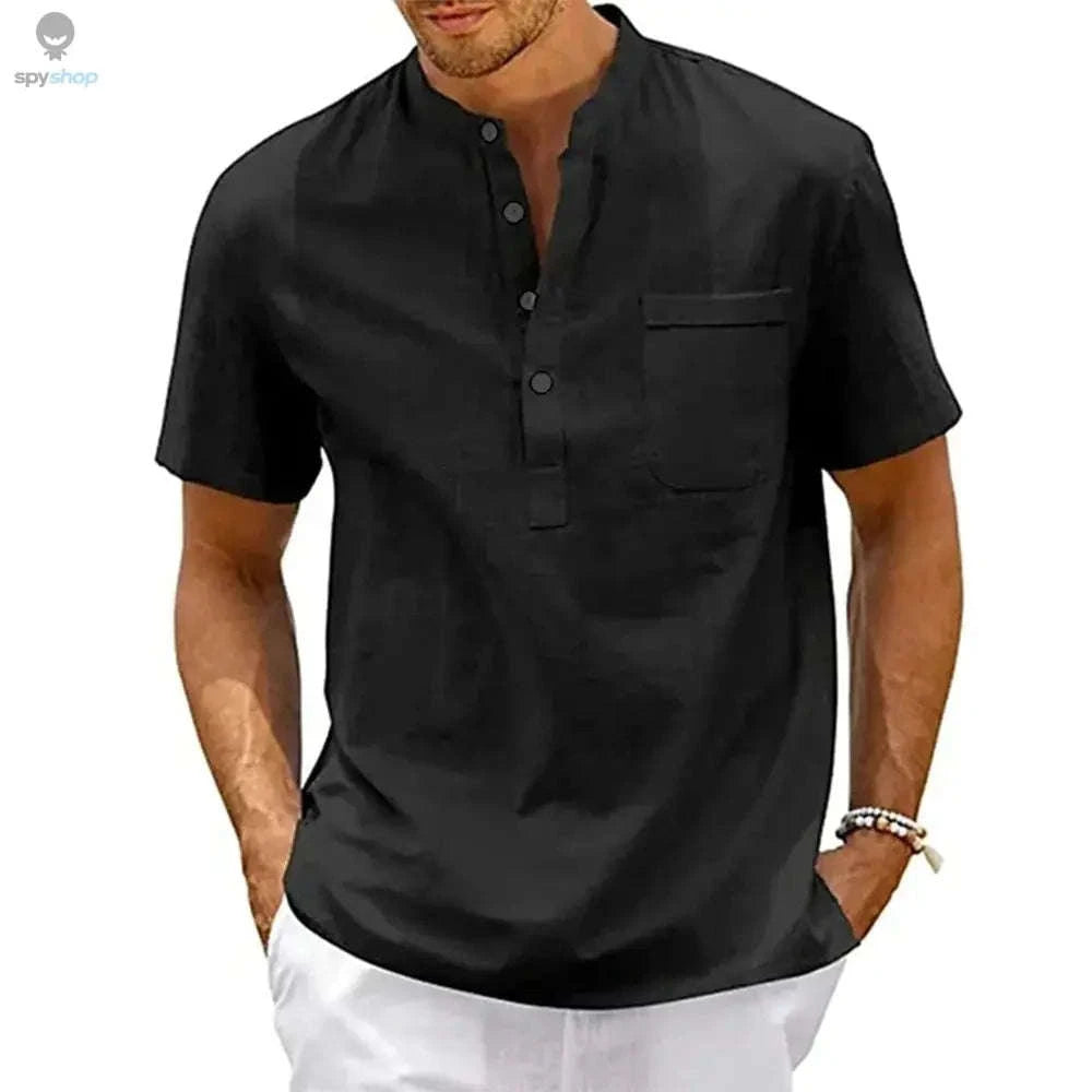 Cotton Linen Henley Shirt for Men – Breathable, Lightweight Summer Style-Khaki / US S 50-60 KG