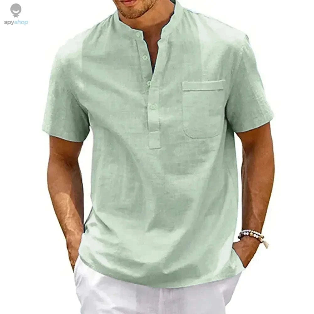 Cotton Linen Henley Shirt for Men – Breathable, Lightweight Summer Style-Khaki / US S 50-60 KG