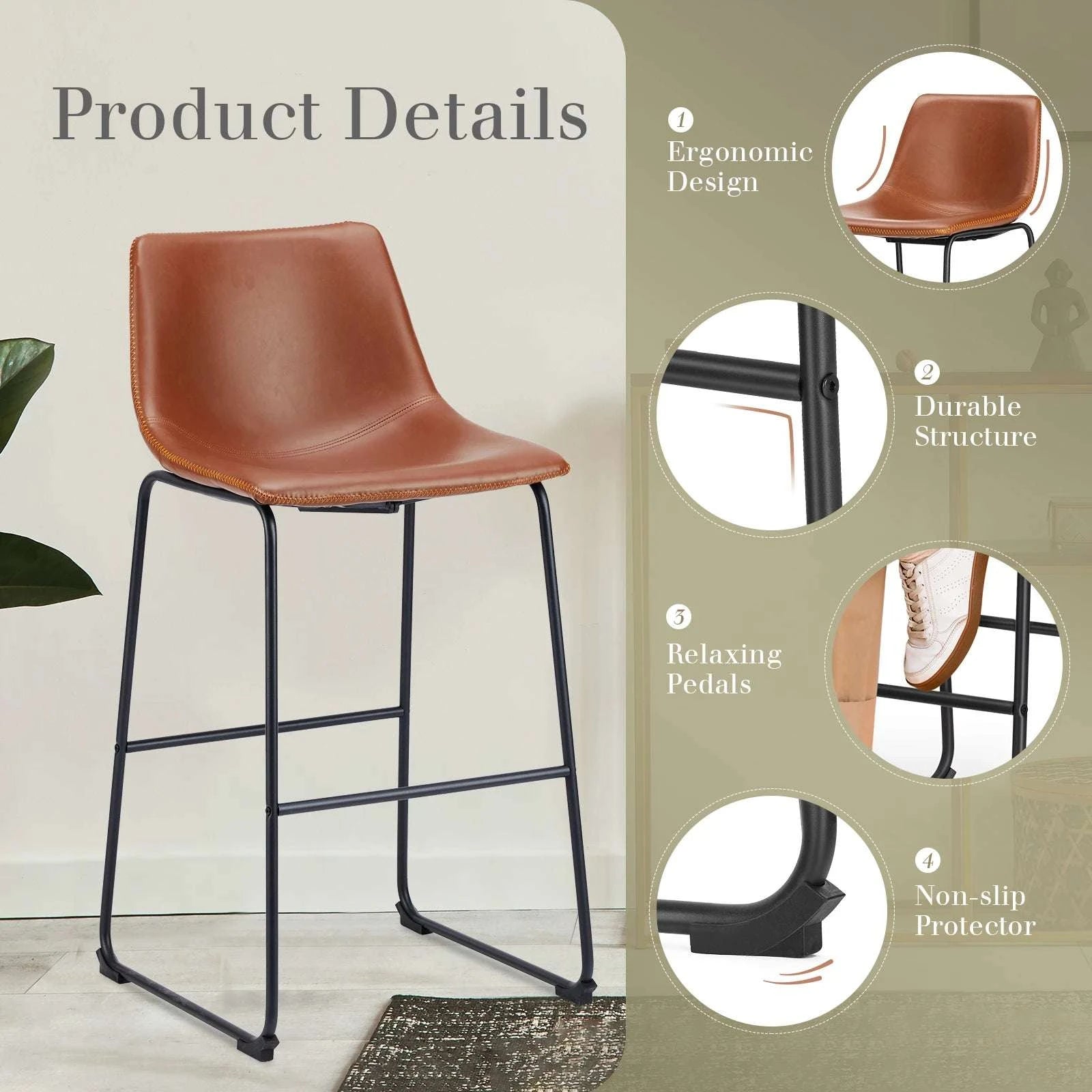 Counter Height Bar Stools Set of 2 Faux Leather with Back-Chocolate / United States