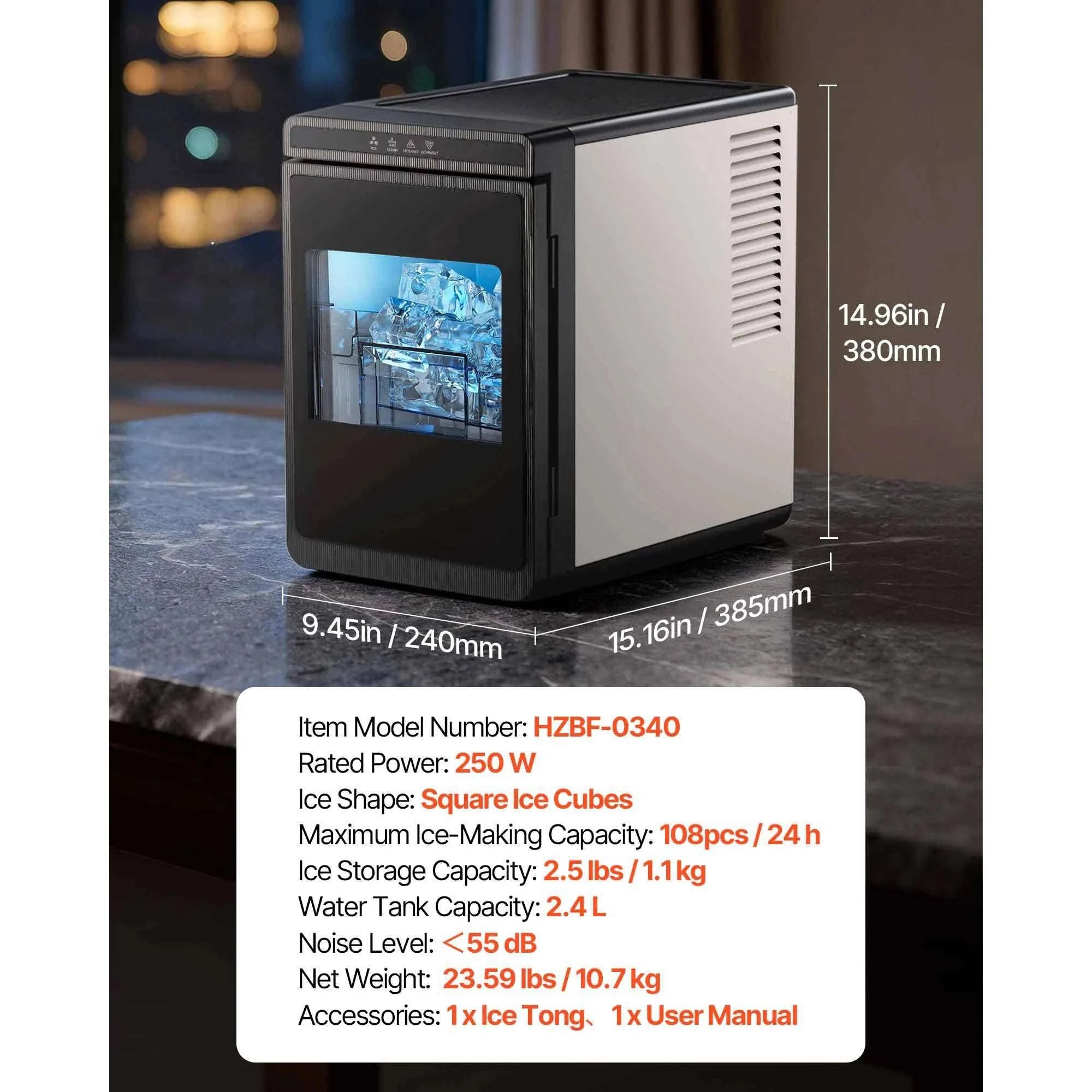 Countertop Ice Maker 22 lbs Daily with Large Square Ice Cubes-250 W / United States