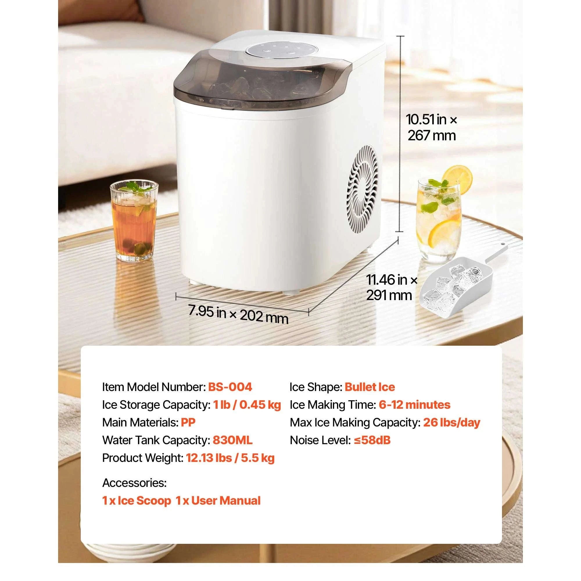 Countertop Ice Maker 7 Cubes Ready in 6 Minutes 26 lbs per Day-26lbs / United States