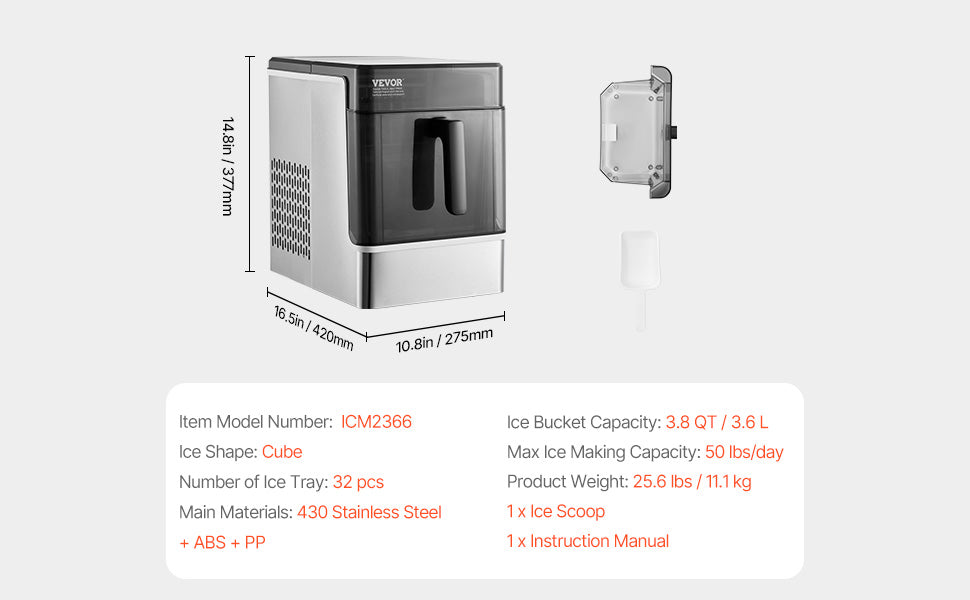 Countertop Ice Maker 50lbs/Day with Self-Cleaning & 2 Sizes