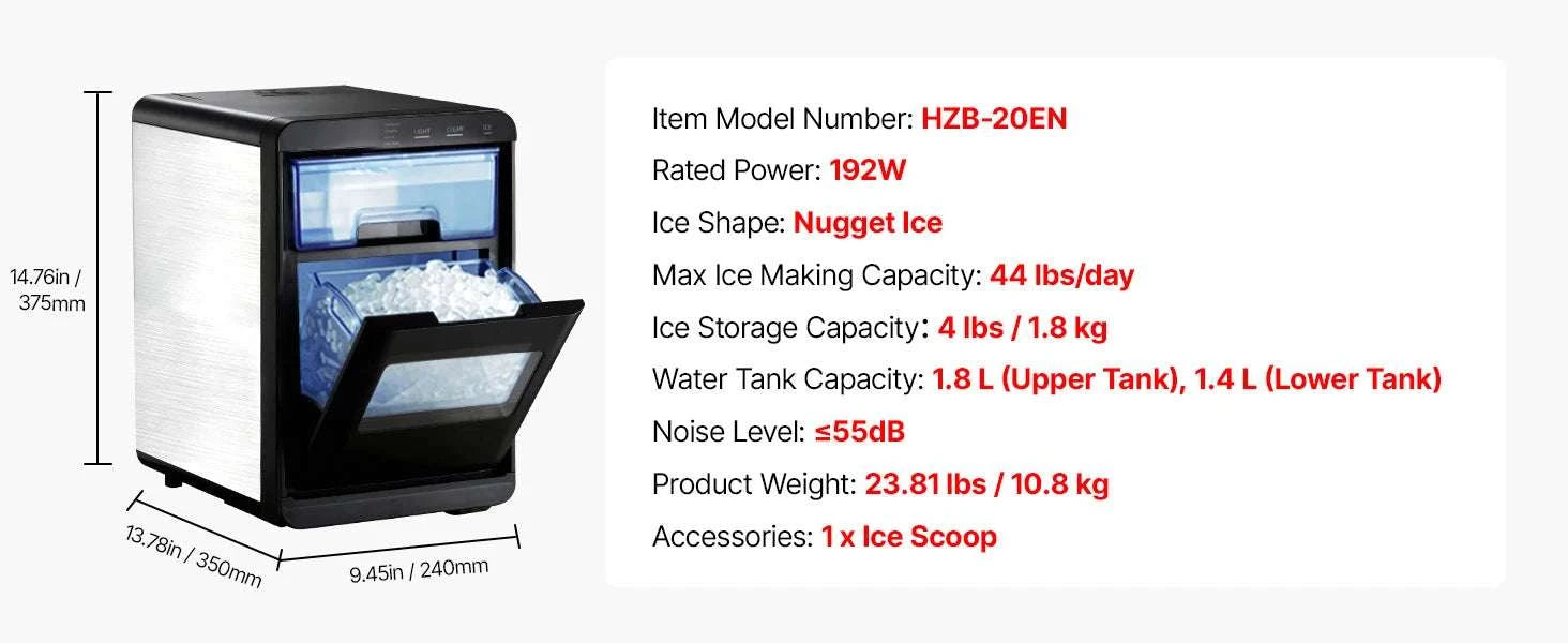 Countertop Nugget Ice Maker 33–44 lbs/Day with Self-Cleaning-33lbs per 24H / United States