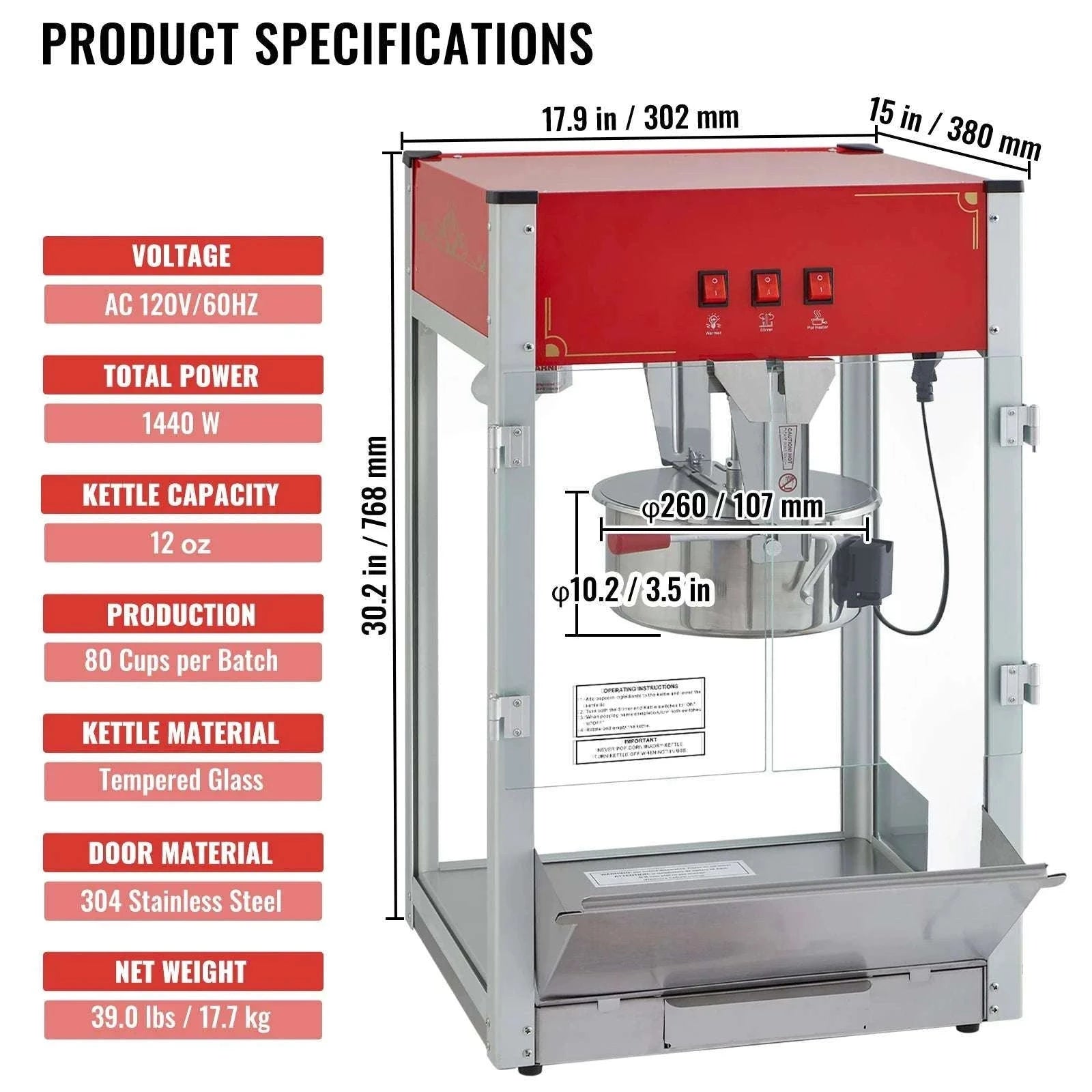 Countertop Popcorn Maker Machine 8oz 48 Cups Movie Style-12 oz / france