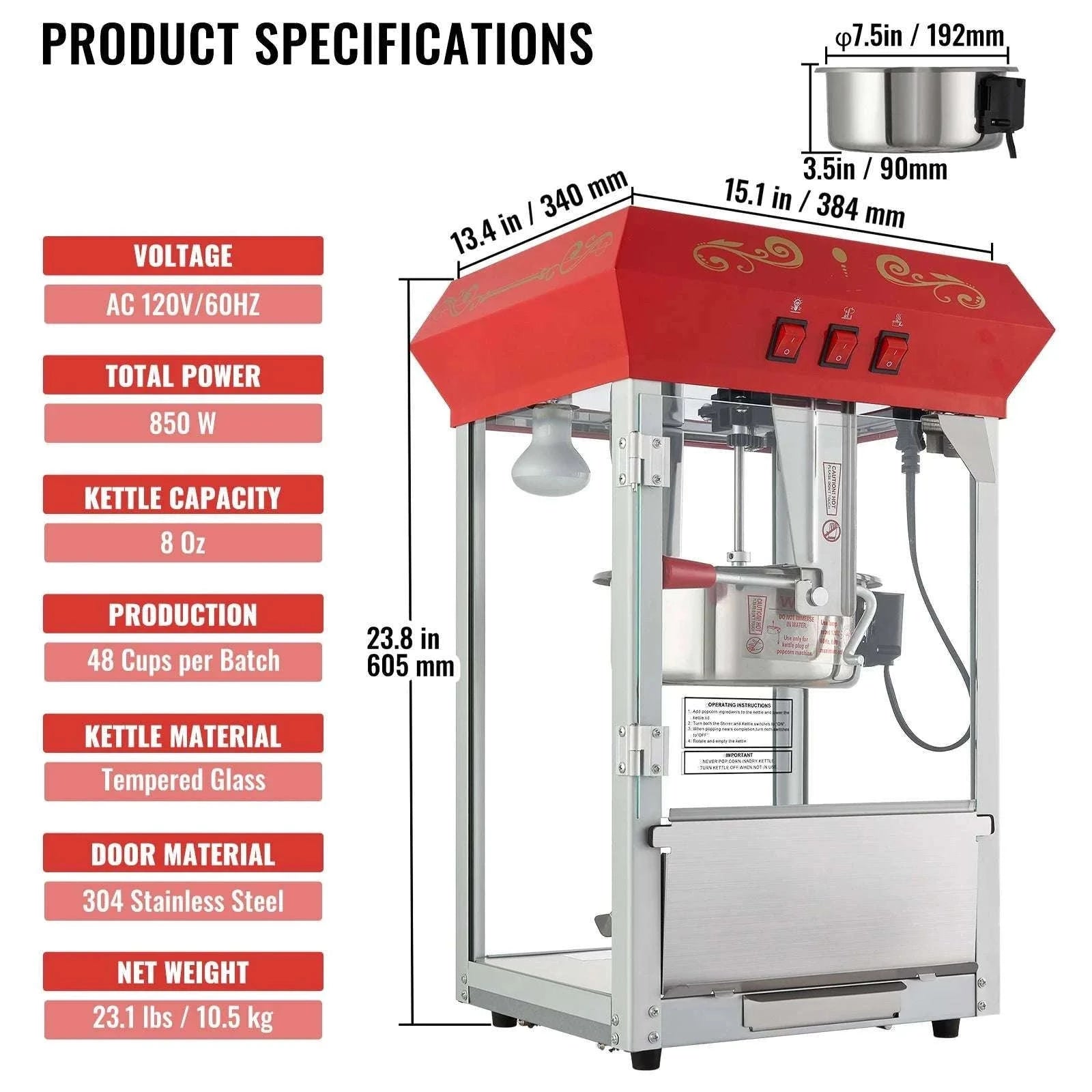 Countertop Popcorn Maker Machine 8oz 48 Cups Movie Style-12 oz / france