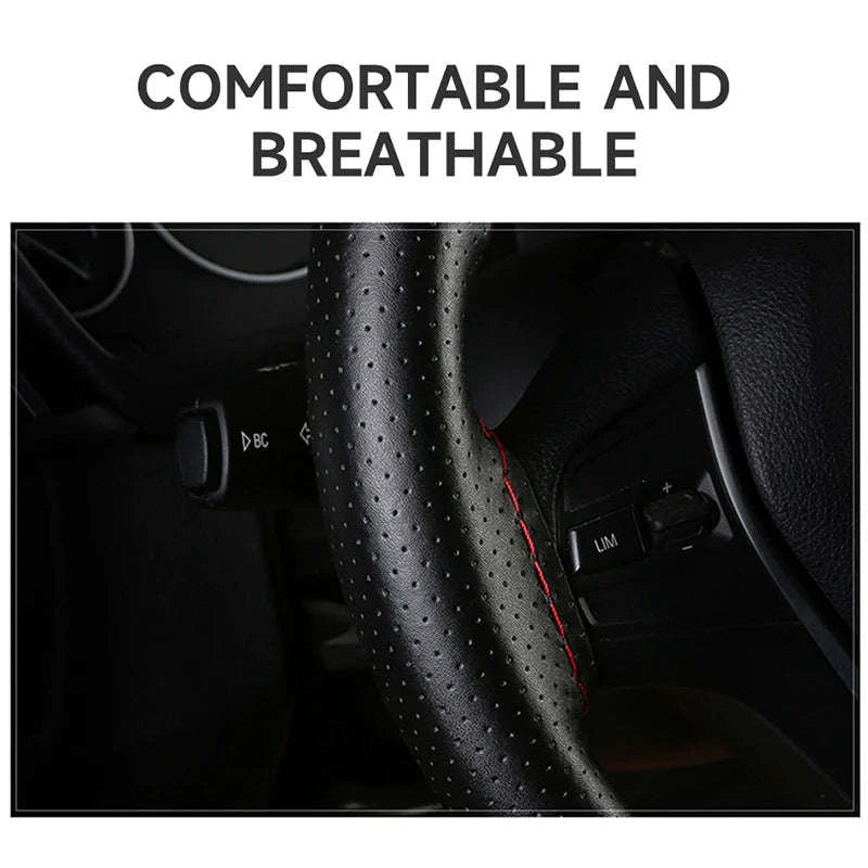 Cowhide Leather Steering Wheel Cover for 37-39cm-Black red