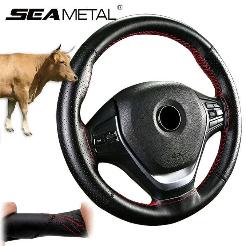 Cowhide Leather Steering Wheel Cover for 37-39cm-Black red