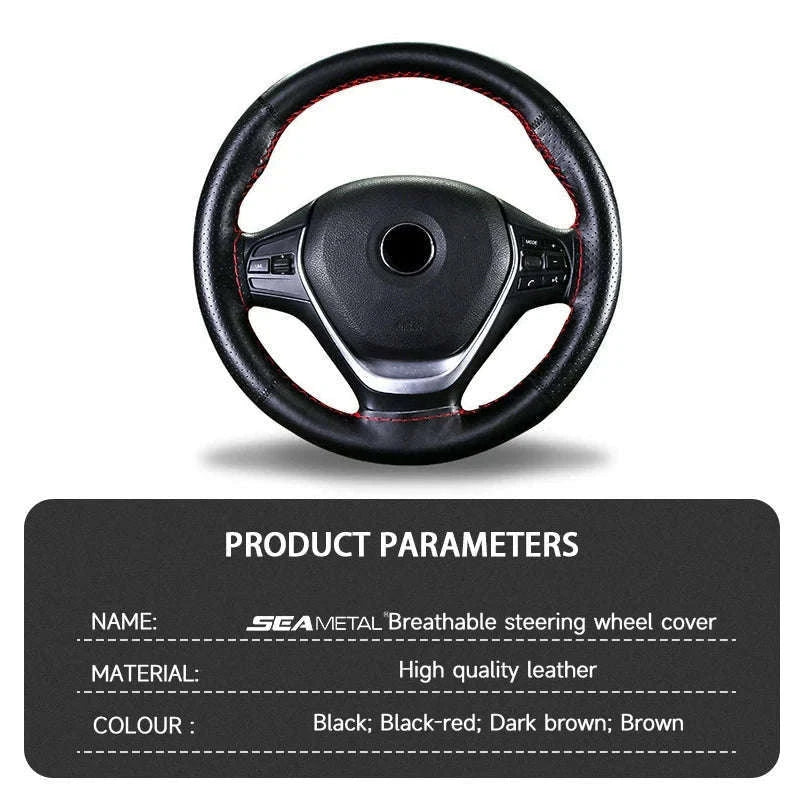 Cowhide Leather Steering Wheel Cover for 37-39cm-Black red