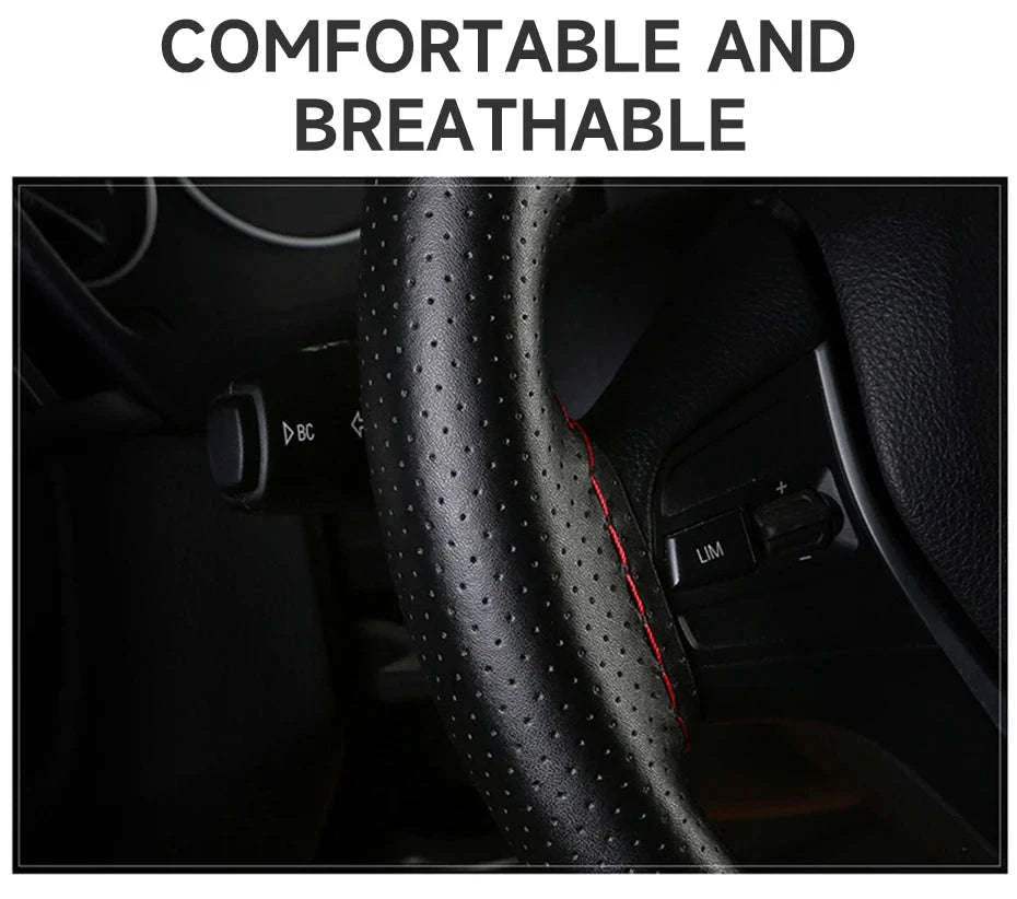 Cowhide Leather Steering Wheel Cover for 37-39cm-Black red