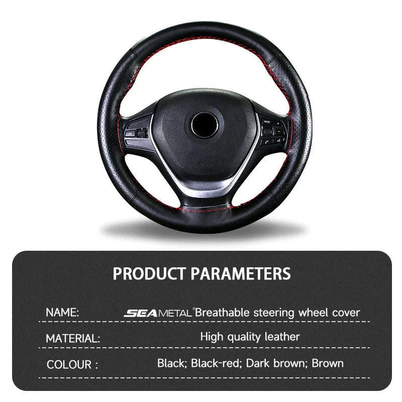 Cowhide Leather Steering Wheel Cover for 37-39cm-Black red