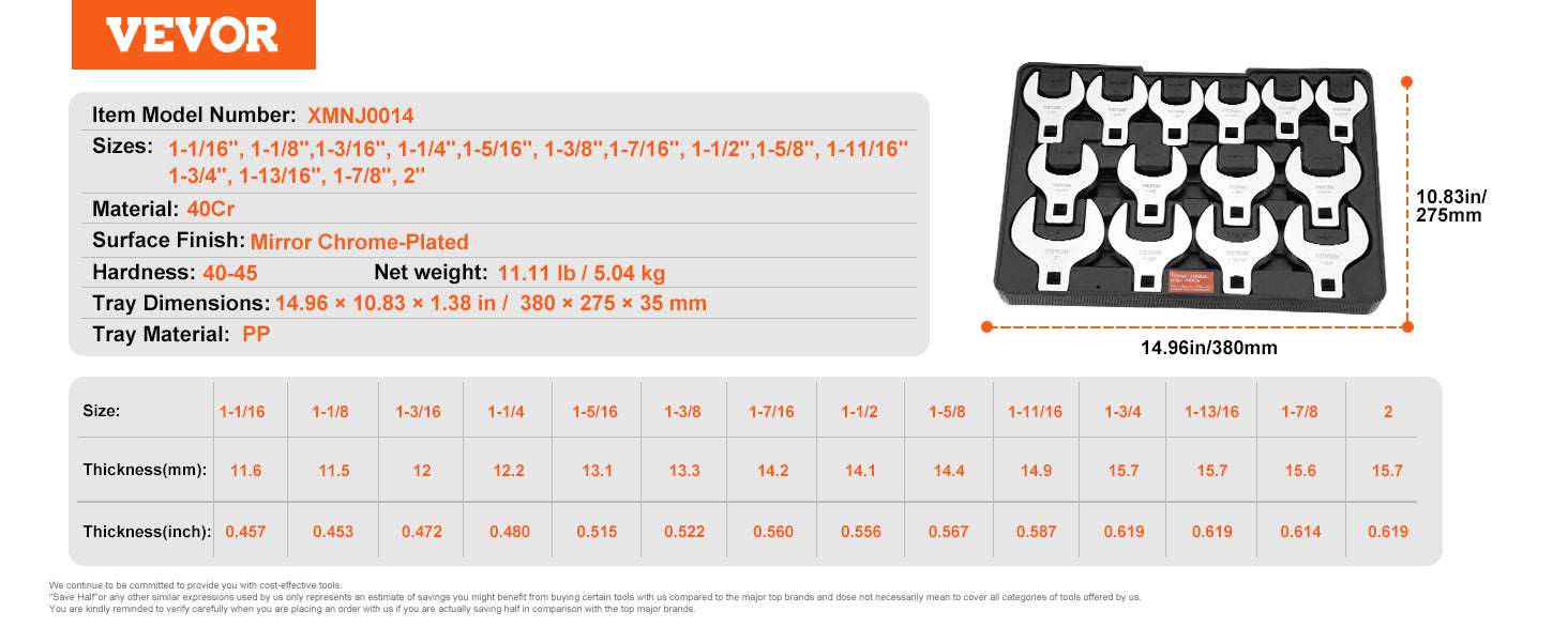 Crowfoot Wrench Set 3/8" & 1/2" Drive CR-MO Steel Tool Kit-XMNJ0014PCs-B 5.04 / GERMANY