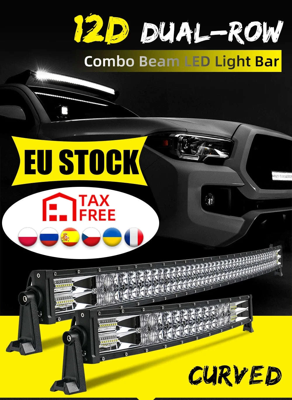 Curved Dual Row LED Light Bar Combo 420W-1020W 12V-24V-42Straight with Wire / france