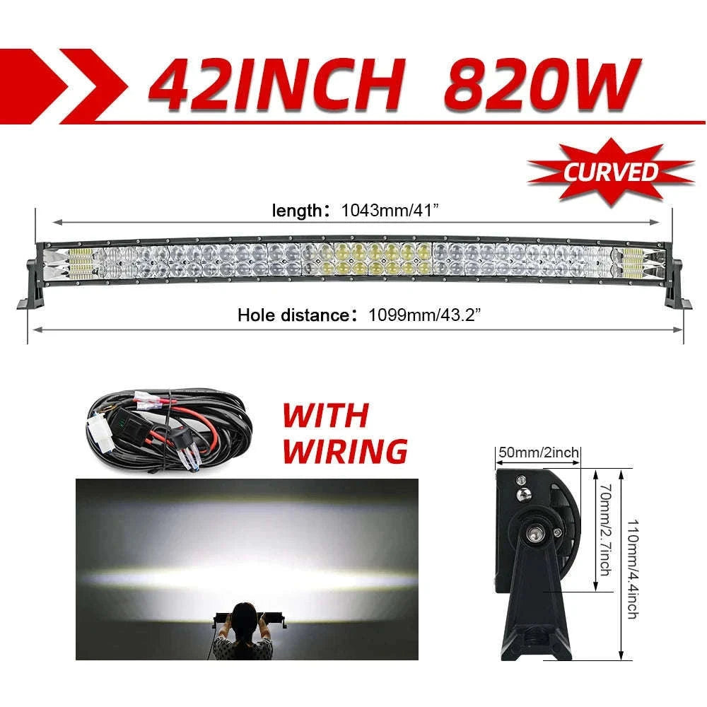 Curved Dual Row LED Light Bar Combo 420W-1020W 12V-24V-42Straight with Wire / france