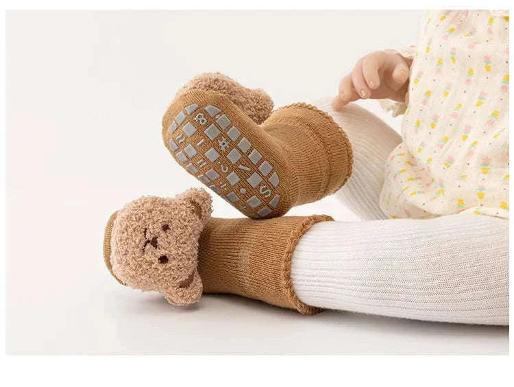 Cute Cartoon Bear Baby Socks with Anti-Slip Soles-Khaki / 0-1Years(S)