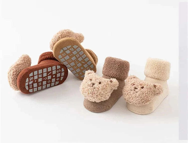 Cute Cartoon Bear Baby Socks with Anti-Slip Soles-Khaki / 0-1Years(S)