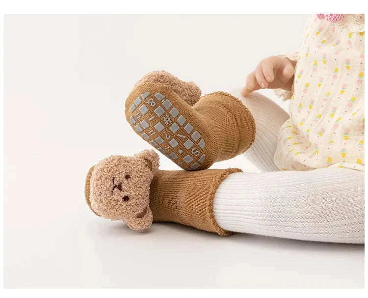 Cute Cartoon Bear Baby Socks with Anti-Slip Soles-Khaki / 0-1Years(S)