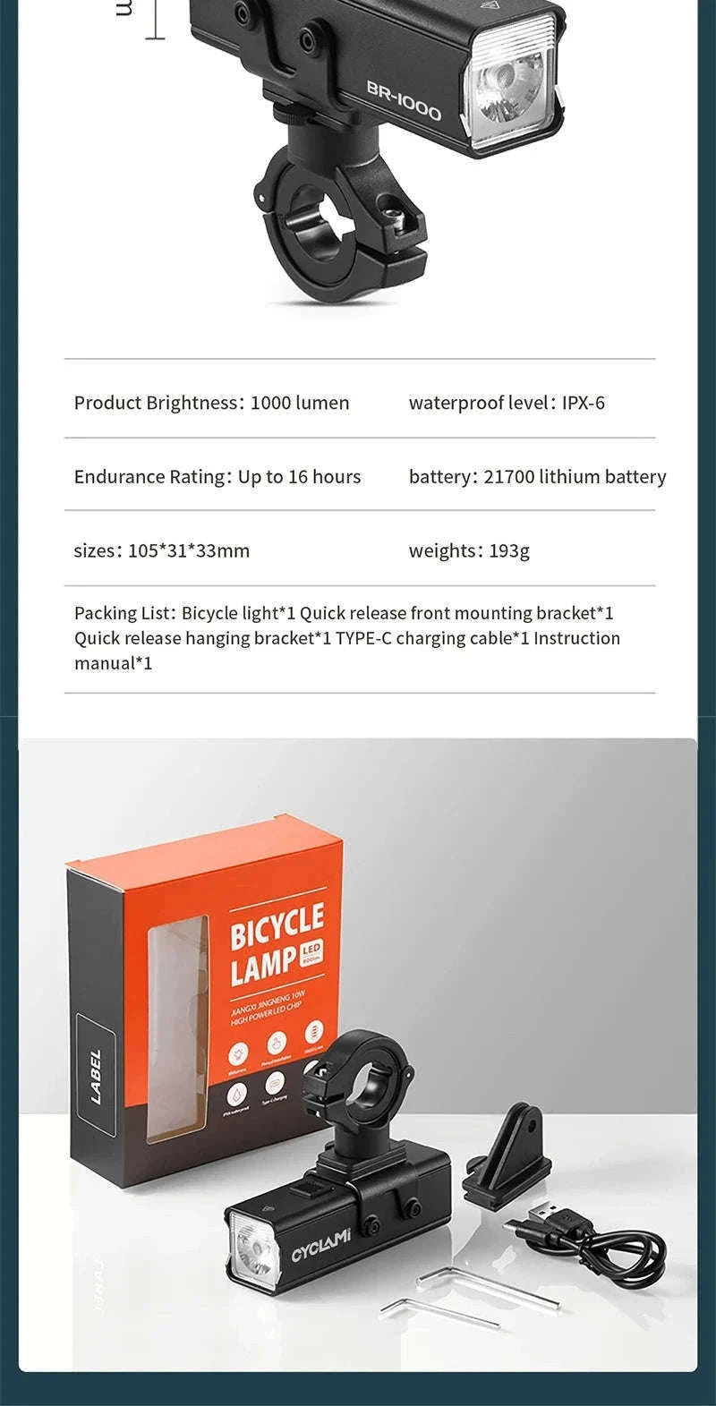 CYCLAMI 1000LM Rechargeable Bike Light for Safer Night Rides-BR1000 S2 Taillight