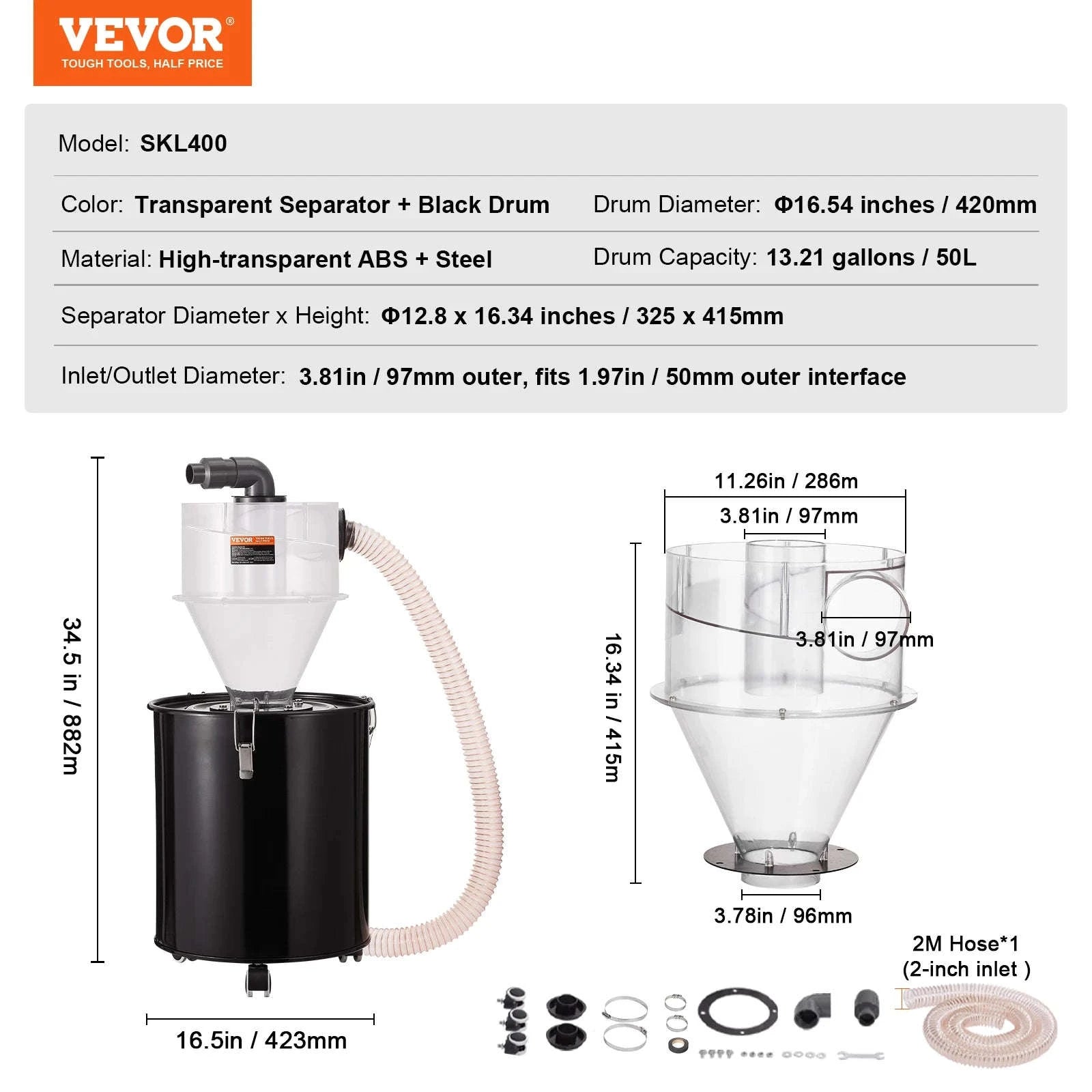 Cyclone Dust Separator with 50L Tank for 4-Inch Hoses-transparent / Germany
