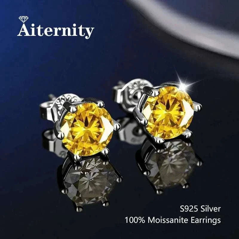 D Color Moissanite Stud Earrings in 925 Sterling Silver VVS1-6 Prong Yellow / 1ct(6.5mm)x 2pcs-box
