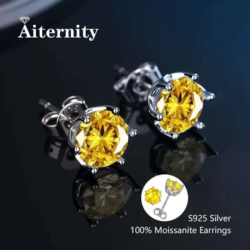 D Color Moissanite Stud Earrings in 925 Sterling Silver VVS1-6 Prong Yellow / 1ct(6.5mm)x 2pcs-box