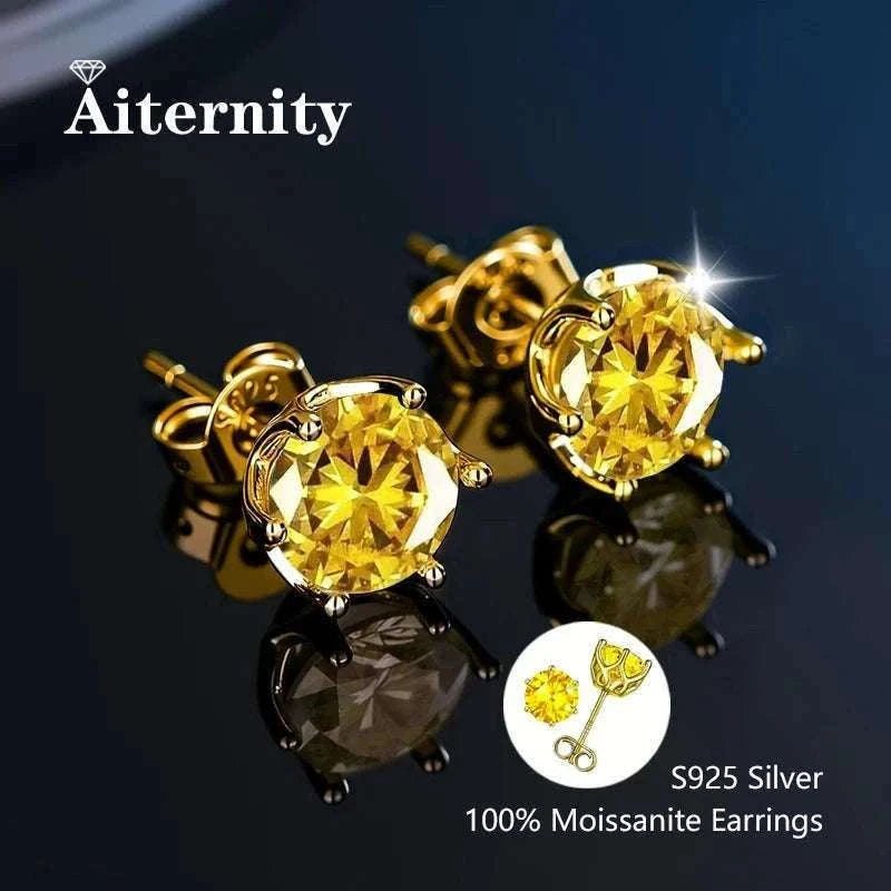 D Color Moissanite Stud Earrings in 925 Sterling Silver VVS1-6 Prong Yellow / 1ct(6.5mm)x 2pcs-box